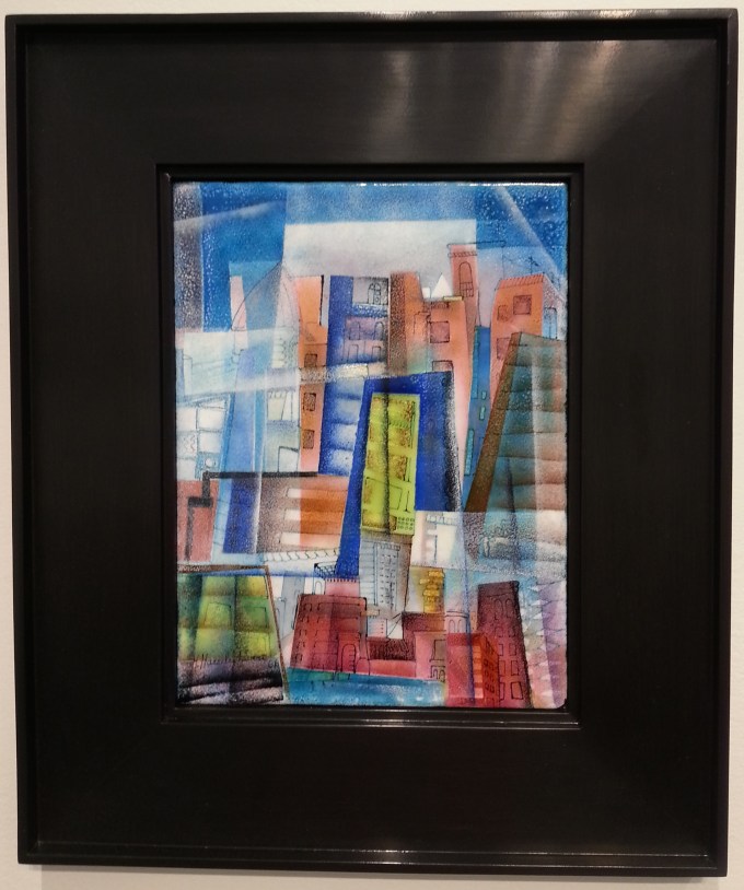 Harold Hasselschwert.1966 Cityscape. Enamel on copper.