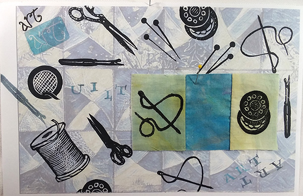 Finally, I added the pieced quilt facsimile so you can see it, but it will be sewn onto the final page.